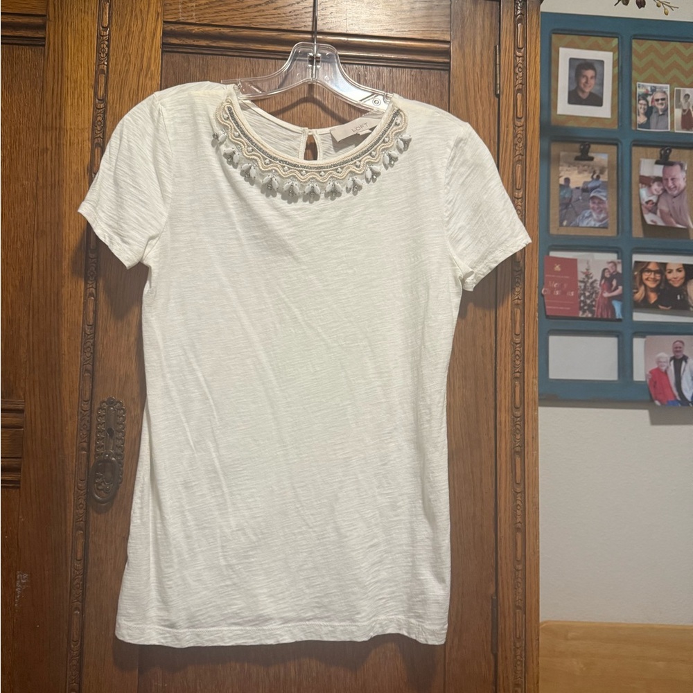 LOFT White Short Sleeve Tee with Bead Accents